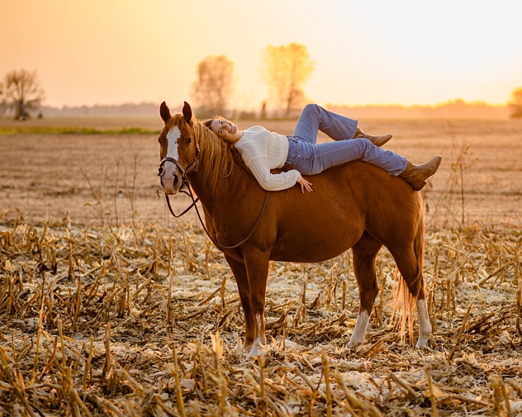 girl lying on a horse's back